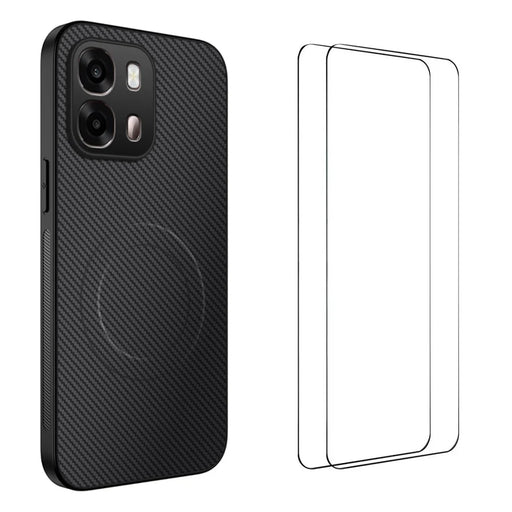 WANLONFENG For Oppo A6x 4G / Oppo A6x 5G Magnetic Case  TQ1 Series Carbon Fiber Texture PC TPU Phone Cover with 2Pcs Screen Films - Black - 1