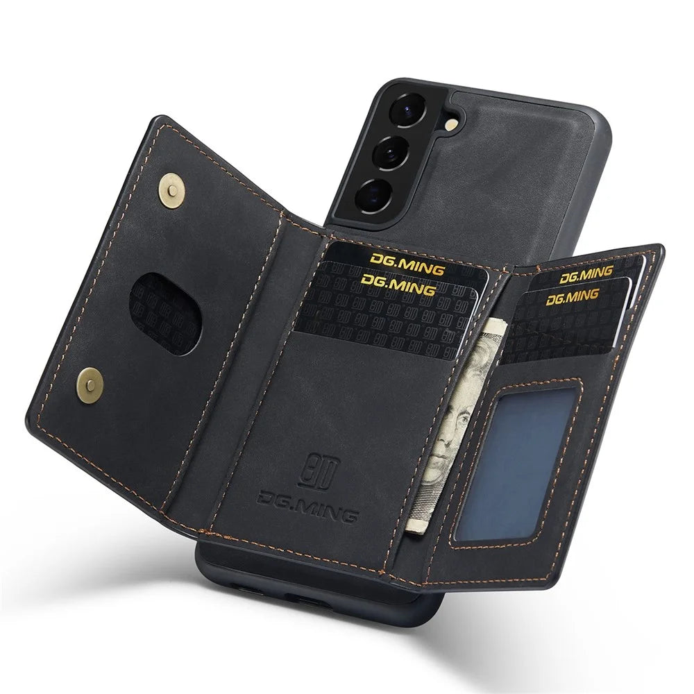 DG.MING M2 Series for Samsung Galaxy S23 Phone Case Magnetic Absorption Detachable Wallet Phone Case Kickstand Protective Cover - Black - 3