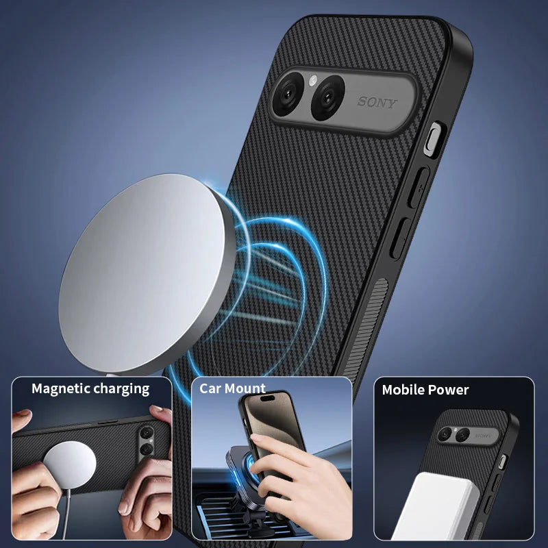 WANLONFENG For Sony Xperia 10 VII  TQ Series Magnetic Case Carbon Fiber Texture PC TPU Phone Cover (Big Lens Hole) - Black - 4