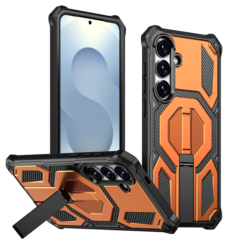 For Samsung Galaxy S25 FE Magnetic Case TPU + PC Kickstand Phone Cover Drop Protection - Orange - 1