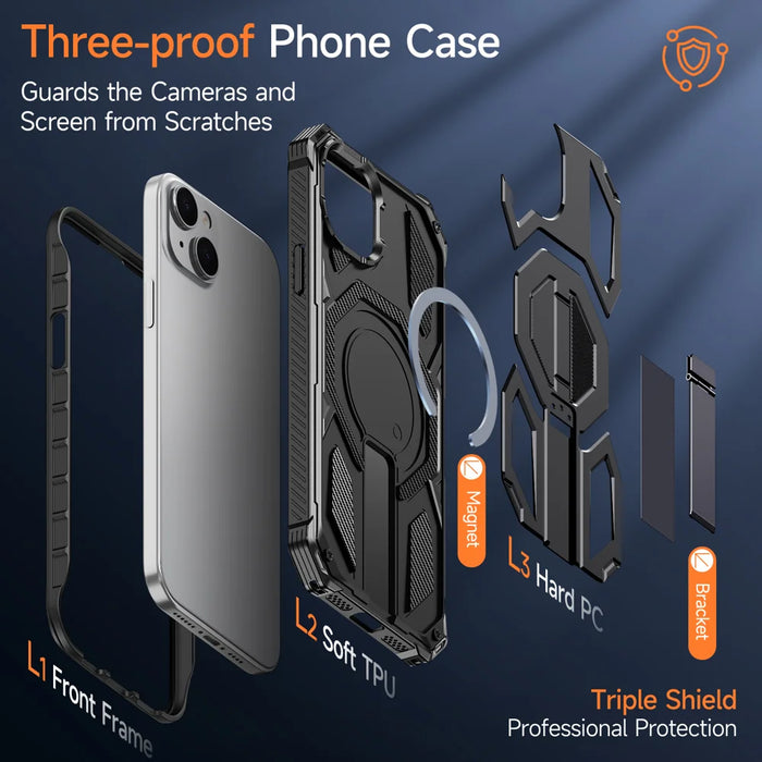 For iPhone 13 / iPhone 14 Magnetic Case TPU + PC Kickstand Phone Cover Drop Protection - Black - 4