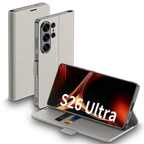 GKK For Samsung Galaxy S26 Ultra Stand Case with Card Holder Electroplated PU Leather Flip Phone Cover - Grey - 1