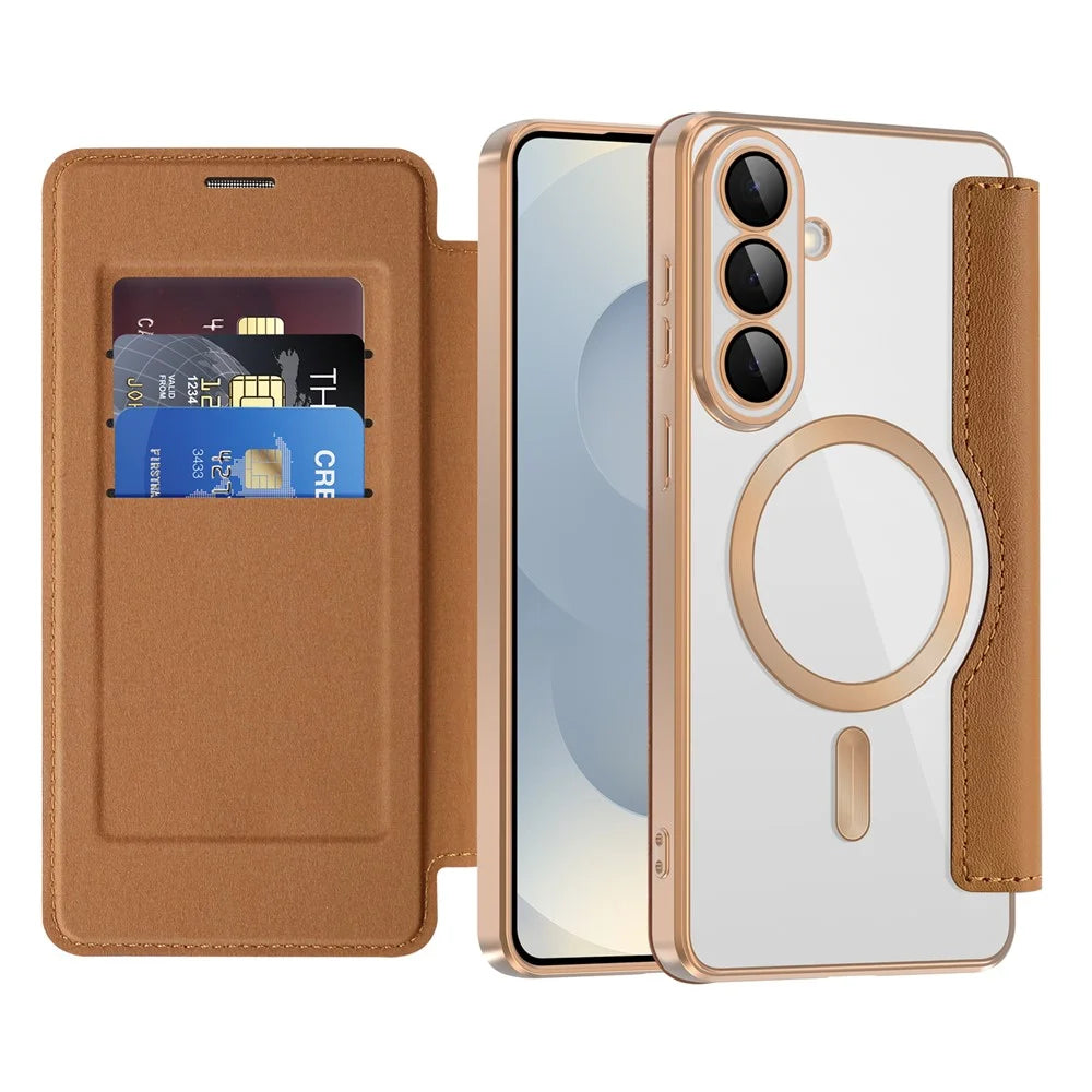 For Samsung Galaxy S26 Magnetic Case RFID Blocking Card Holder Rhombus PU Leather Phone Cover with Lens Film - Brown - 2