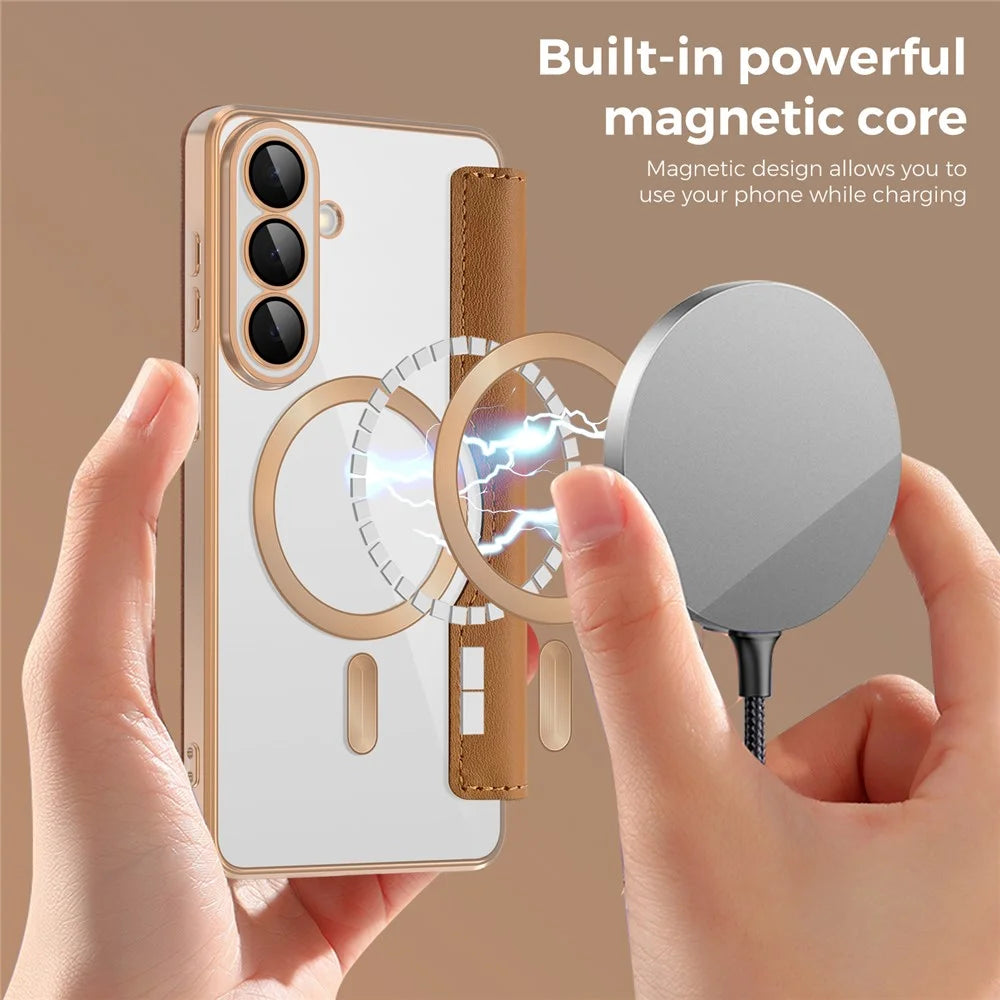 For Samsung Galaxy S26 Magnetic Case RFID Blocking Card Holder Rhombus PU Leather Phone Cover with Lens Film - Brown - 4
