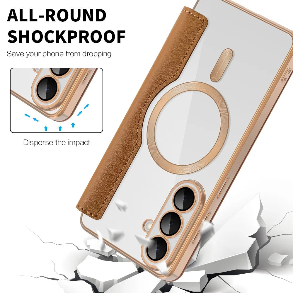 For Samsung Galaxy S26 Magnetic Case RFID Blocking Card Holder Rhombus PU Leather Phone Cover with Lens Film - Brown - 6