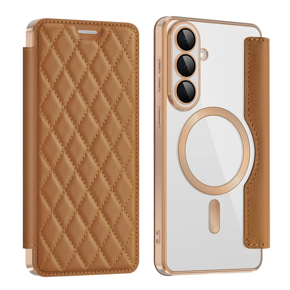 For Samsung Galaxy S26+ Magnetic Case RFID Blocking Card Holder Rhombus PU Leather Phone Cover with Lens Film - Brown - 1