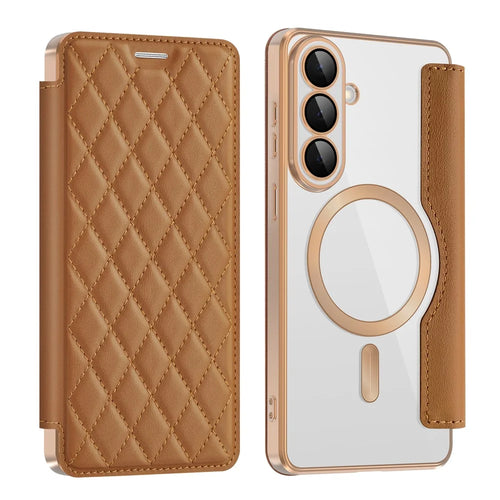 For Samsung Galaxy S26+ Magnetic Case RFID Blocking Card Holder Rhombus PU Leather Phone Cover with Lens Film - Brown - 1