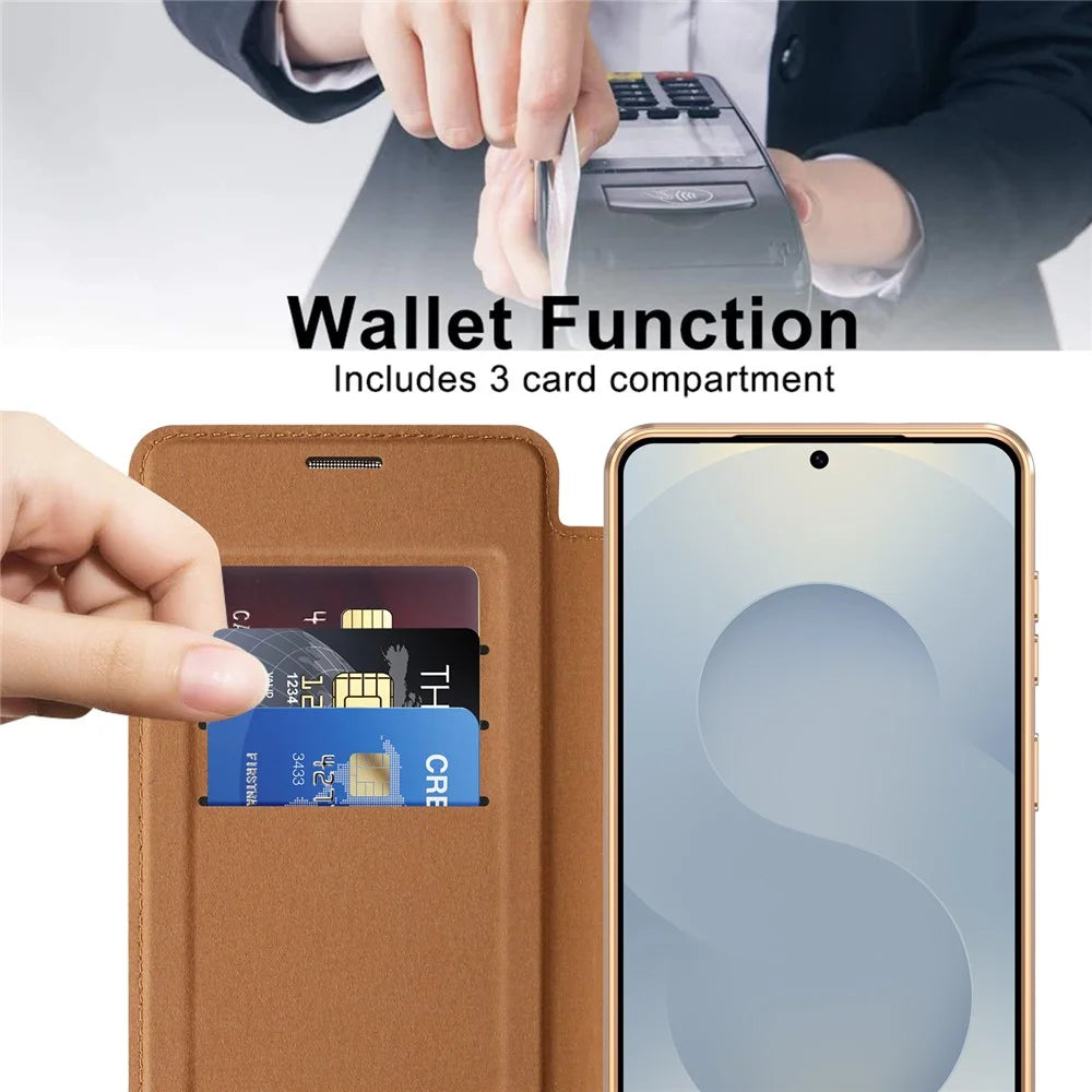 For Samsung Galaxy S26+ Magnetic Case RFID Blocking Card Holder Rhombus PU Leather Phone Cover with Lens Film - Brown - 3