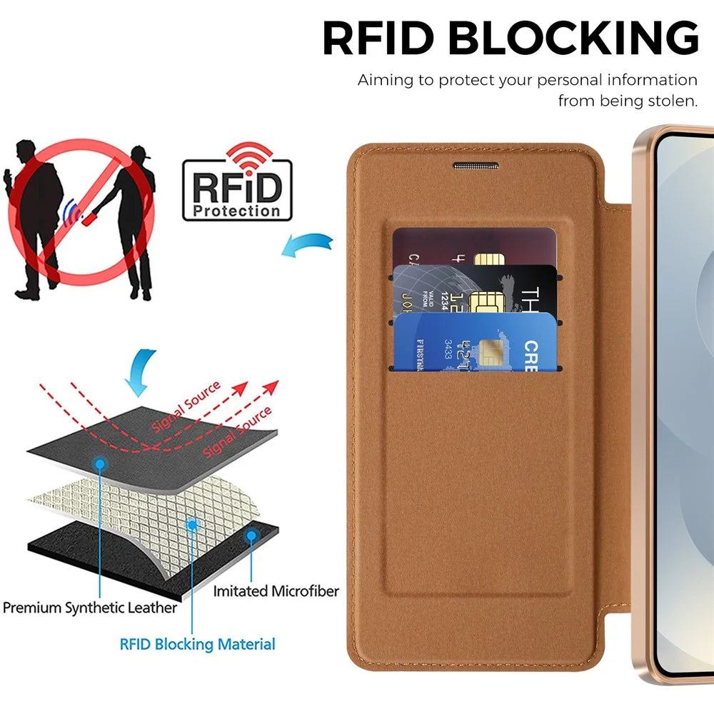 For Samsung Galaxy S26+ Magnetic Case RFID Blocking Card Holder Rhombus PU Leather Phone Cover with Lens Film - Brown - 5