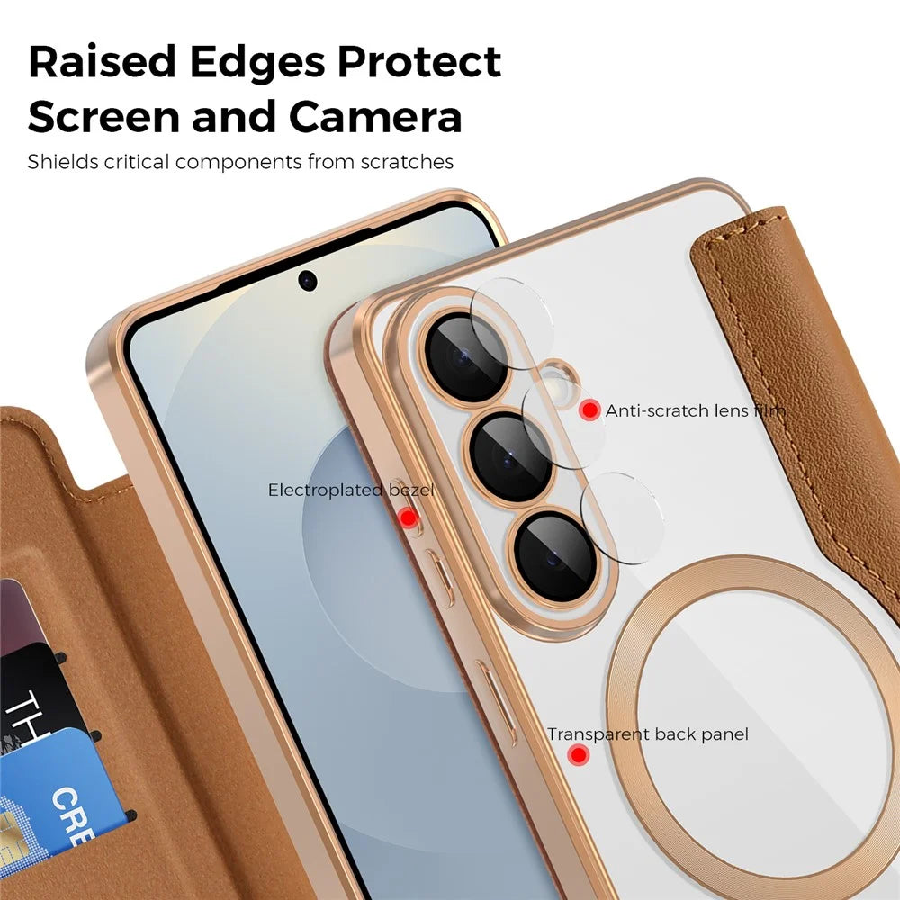 For Samsung Galaxy S26+ Magnetic Case RFID Blocking Card Holder Rhombus PU Leather Phone Cover with Lens Film - Brown - 7
