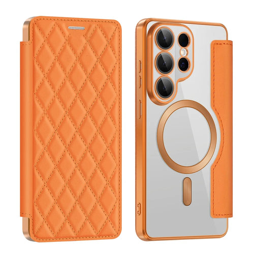 For Samsung Galaxy S26 Ultra Magnetic Case RFID Blocking Card Holder Rhombus PU Leather Phone Cover with Lens Film - Orange - 1