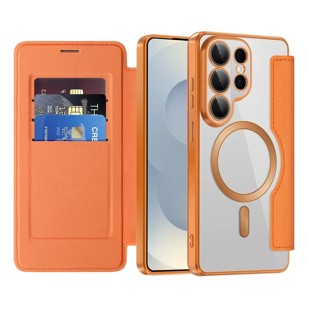 For Samsung Galaxy S26 Ultra Magnetic Case RFID Blocking Card Holder Rhombus PU Leather Phone Cover with Lens Film - Orange - 2