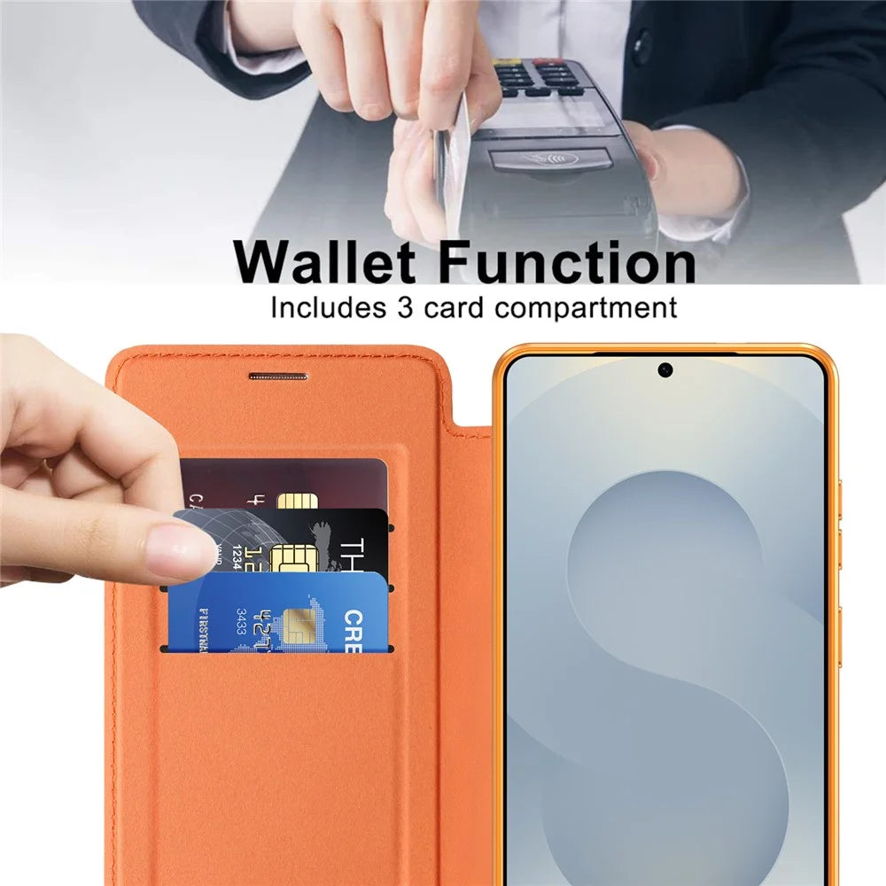 For Samsung Galaxy S26 Ultra Magnetic Case RFID Blocking Card Holder Rhombus PU Leather Phone Cover with Lens Film - Orange - 3