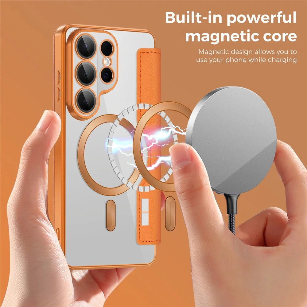 For Samsung Galaxy S26 Ultra Magnetic Case RFID Blocking Card Holder Rhombus PU Leather Phone Cover with Lens Film - Orange - 4
