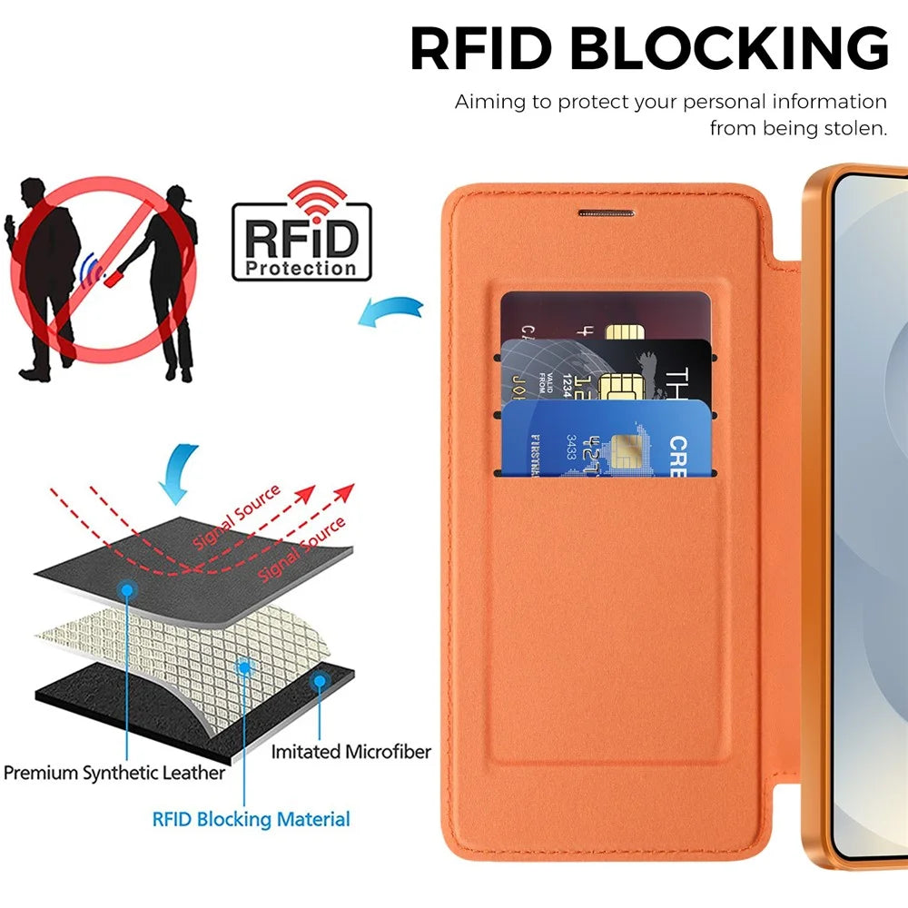 For Samsung Galaxy S26 Ultra Magnetic Case RFID Blocking Card Holder Rhombus PU Leather Phone Cover with Lens Film - Orange - 5