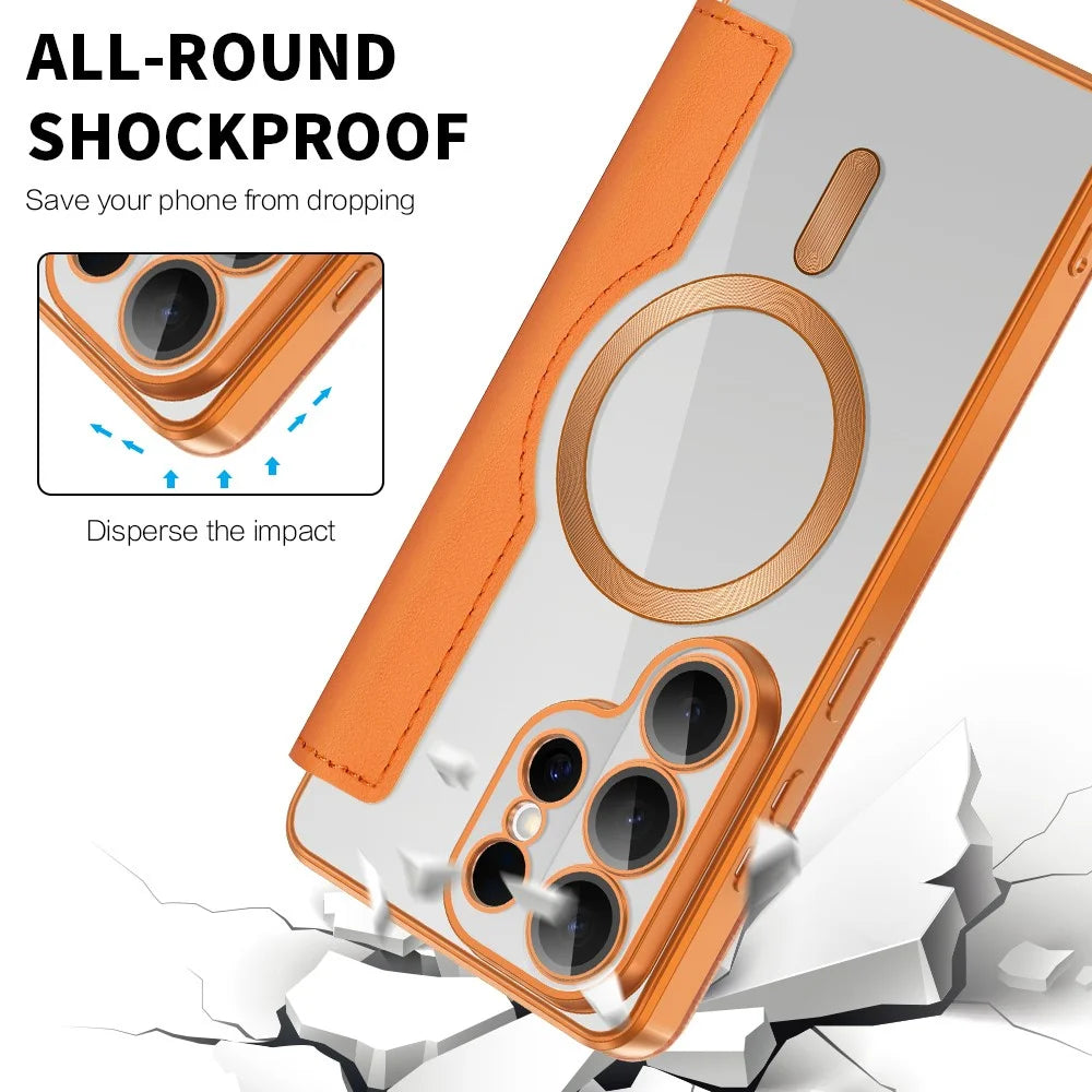 For Samsung Galaxy S26 Ultra Magnetic Case RFID Blocking Card Holder Rhombus PU Leather Phone Cover with Lens Film - Orange - 6