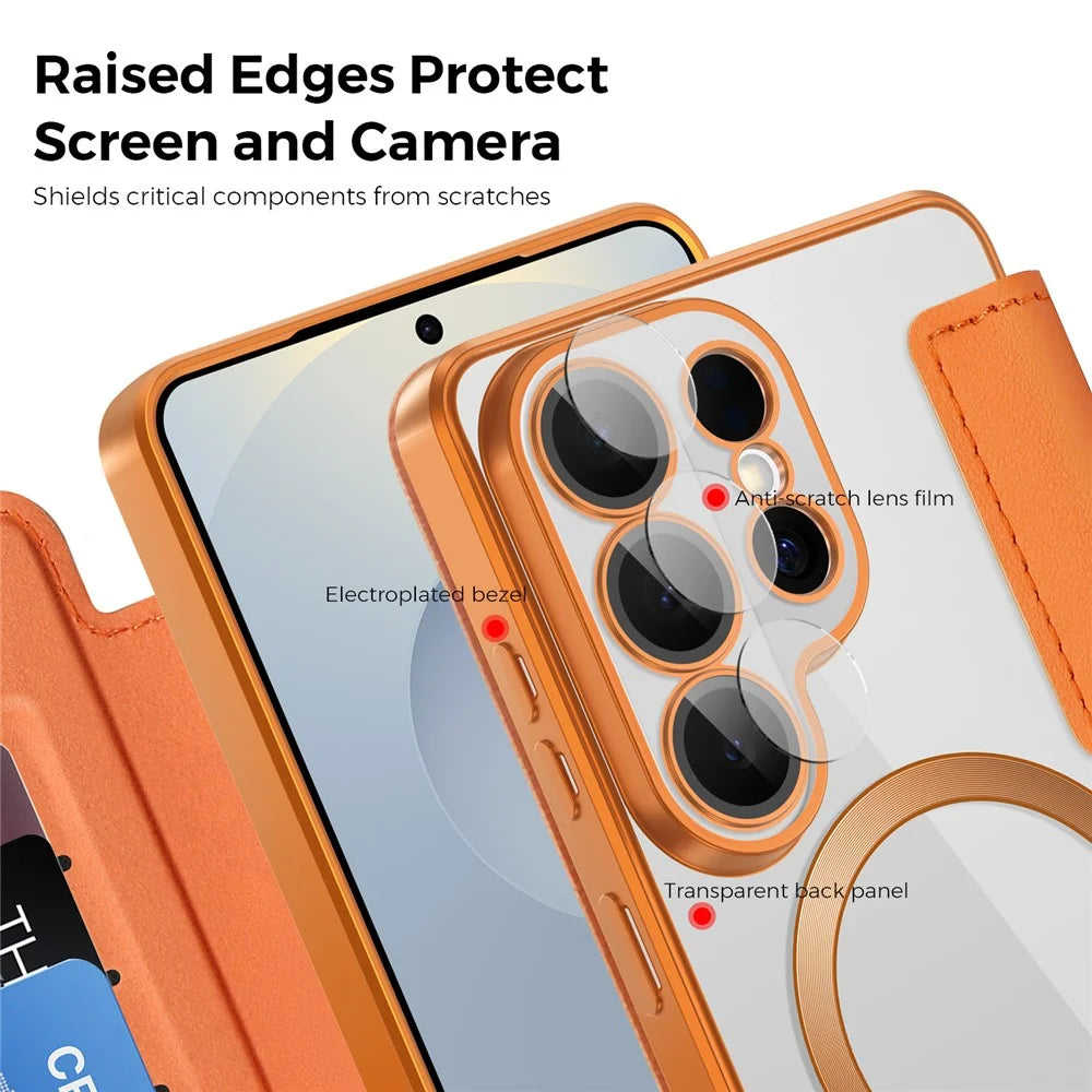 For Samsung Galaxy S26 Ultra Magnetic Case RFID Blocking Card Holder Rhombus PU Leather Phone Cover with Lens Film - Orange - 7