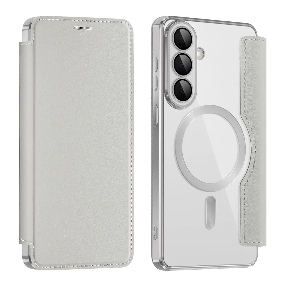 For Samsung Galaxy S26 Magnetic Case RFID Blocking Card Holder Leather Phone Cover with Lens Film - Titanium Grey - 1