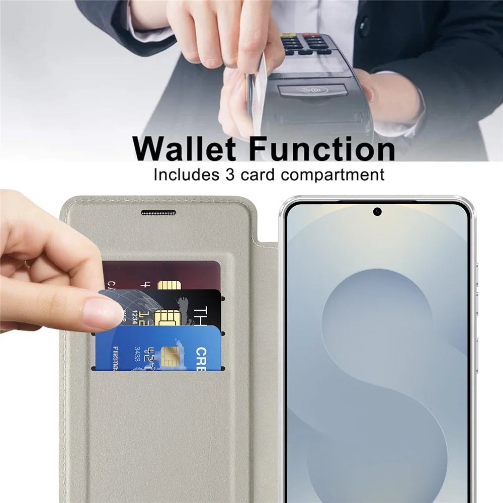 For Samsung Galaxy S26 Magnetic Case RFID Blocking Card Holder Leather Phone Cover with Lens Film - Titanium Grey - 3