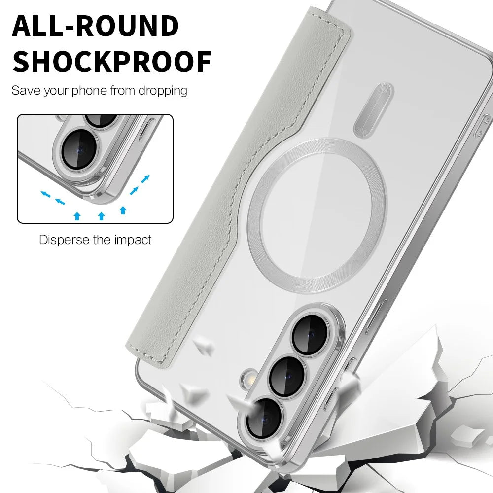 For Samsung Galaxy S26 Magnetic Case RFID Blocking Card Holder Leather Phone Cover with Lens Film - Titanium Grey - 6