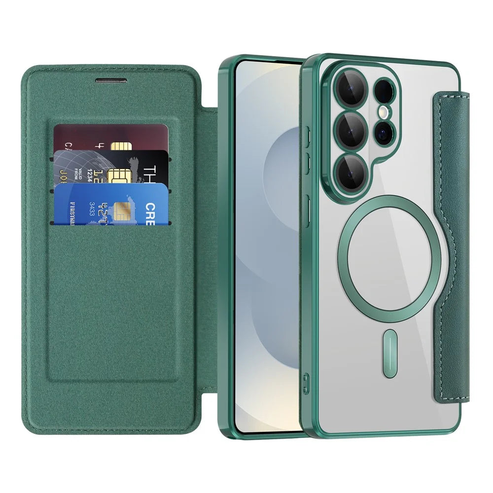 For Samsung Galaxy S26 Ultra Magnetic Case RFID Blocking Card Holder Leather Phone Cover with Lens Film - Blackish Green - 2