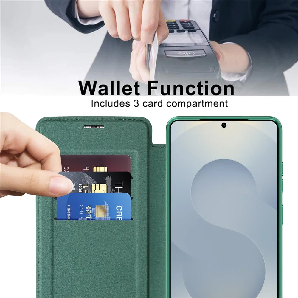 For Samsung Galaxy S26 Ultra Magnetic Case RFID Blocking Card Holder Leather Phone Cover with Lens Film - Blackish Green - 3