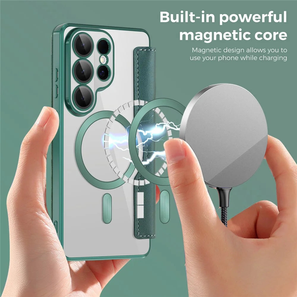 For Samsung Galaxy S26 Ultra Magnetic Case RFID Blocking Card Holder Leather Phone Cover with Lens Film - Blackish Green - 4
