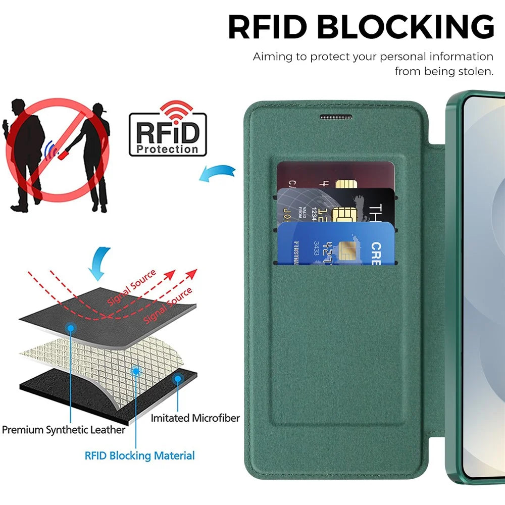 For Samsung Galaxy S26 Ultra Magnetic Case RFID Blocking Card Holder Leather Phone Cover with Lens Film - Blackish Green - 5