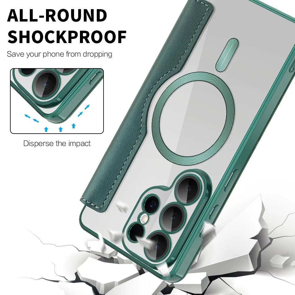 For Samsung Galaxy S26 Ultra Magnetic Case RFID Blocking Card Holder Leather Phone Cover with Lens Film - Blackish Green - 6