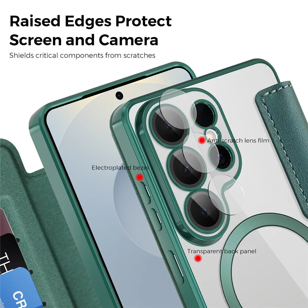For Samsung Galaxy S26 Ultra Magnetic Case RFID Blocking Card Holder Leather Phone Cover with Lens Film - Blackish Green - 7
