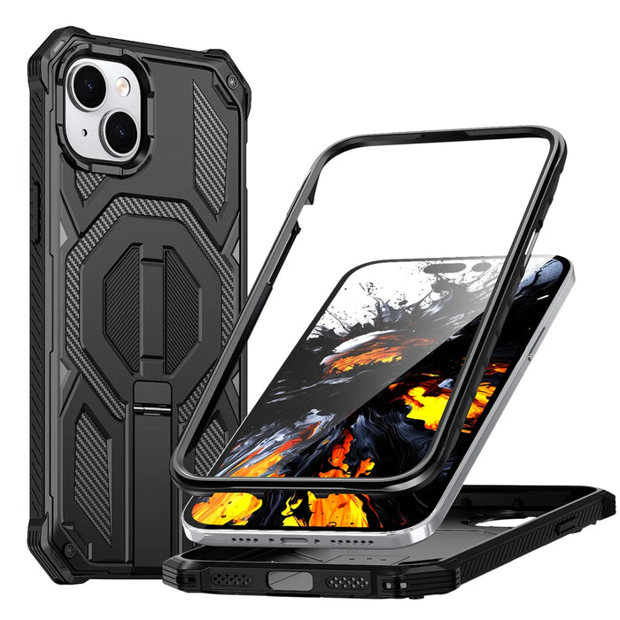 For iPhone 14 Plus / iPhone 15 Plus Magnetic Case TPU + PC Kickstand Phone Cover Drop Protection - Black - 1