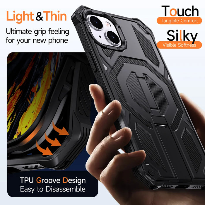 For iPhone 14 Plus / iPhone 15 Plus Magnetic Case TPU + PC Kickstand Phone Cover Drop Protection - Black - 6