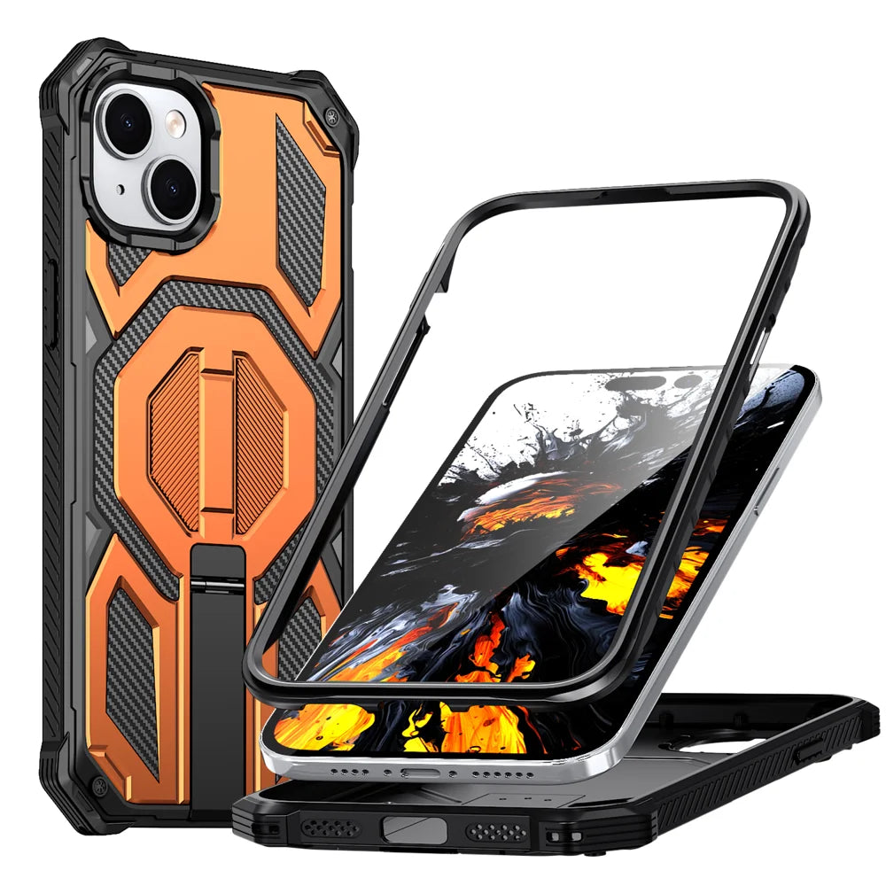 For iPhone 15 Magnetic Case TPU + PC Kickstand Phone Cover Drop Protection -  Orange - 1