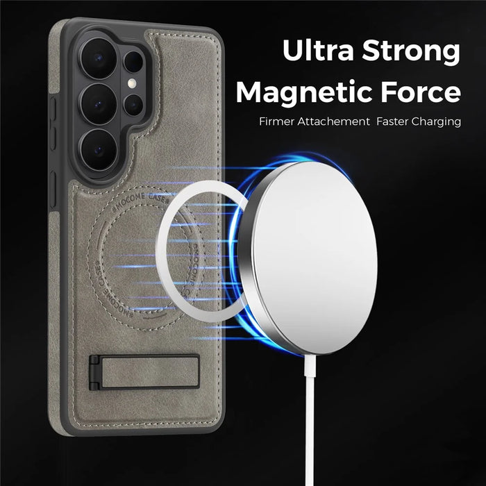 For Samsung Galaxy S26 Ultra Magnetic Case with Folded Kickstand PC Silicone Leather Phone Back Cover - Titanium Grey - 2