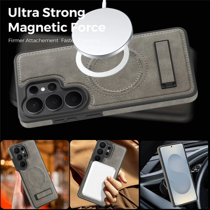 For Samsung Galaxy S26 Ultra Magnetic Case with Folded Kickstand PC Silicone Leather Phone Back Cover - Titanium Grey - 3