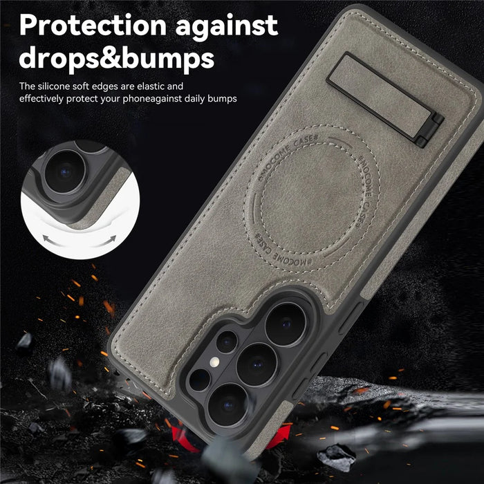 For Samsung Galaxy S26 Ultra Magnetic Case with Folded Kickstand PC Silicone Leather Phone Back Cover - Titanium Grey - 4