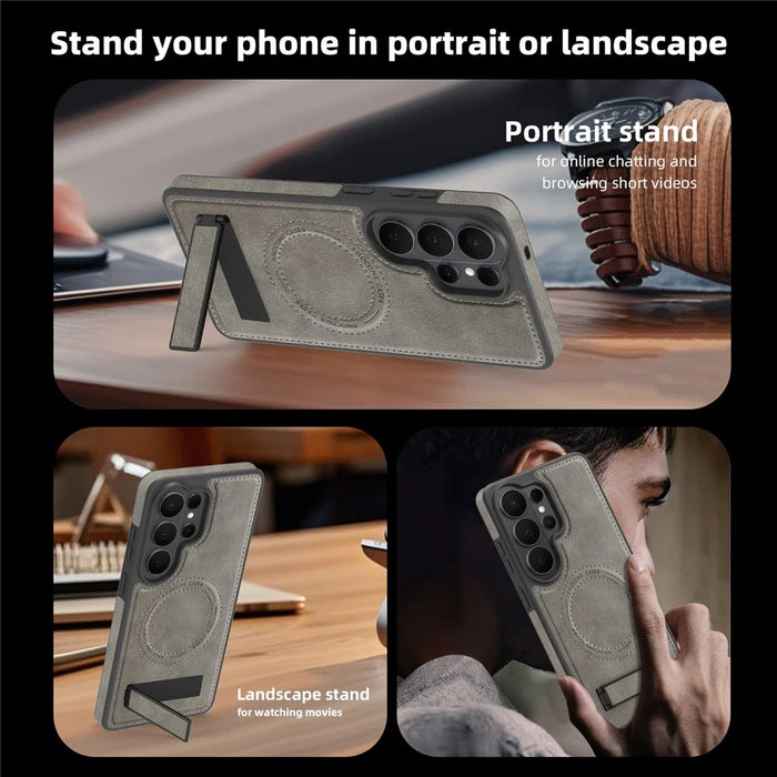 For Samsung Galaxy S26 Ultra Magnetic Case with Folded Kickstand PC Silicone Leather Phone Back Cover - Titanium Grey - 6