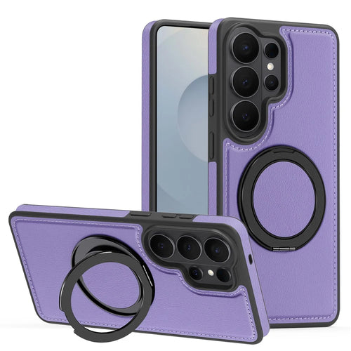 For Samsung Galaxy S26 Ultra Magnetic Case with Ring Kickstand PU Leather Back Cover - Light Purple - 1