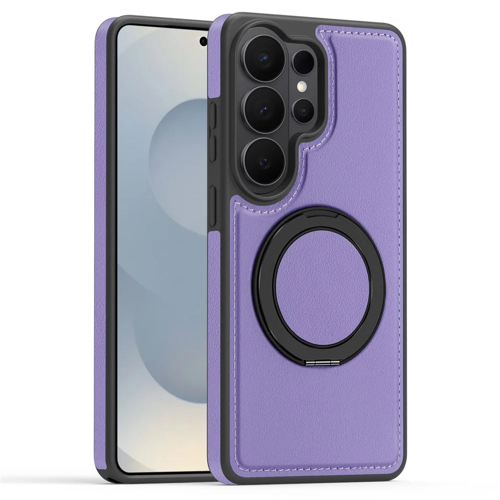 For Samsung Galaxy S26 Ultra Magnetic Case with Ring Kickstand PU Leather Back Cover - Light Purple - 2
