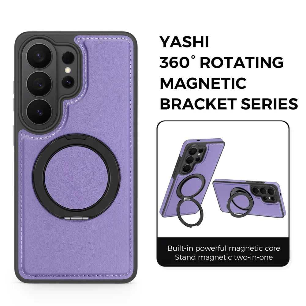 For Samsung Galaxy S26 Ultra Magnetic Case with Ring Kickstand PU Leather Back Cover - Light Purple - 3