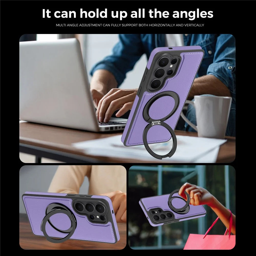 For Samsung Galaxy S26 Ultra Magnetic Case with Ring Kickstand PU Leather Back Cover - Light Purple - 4