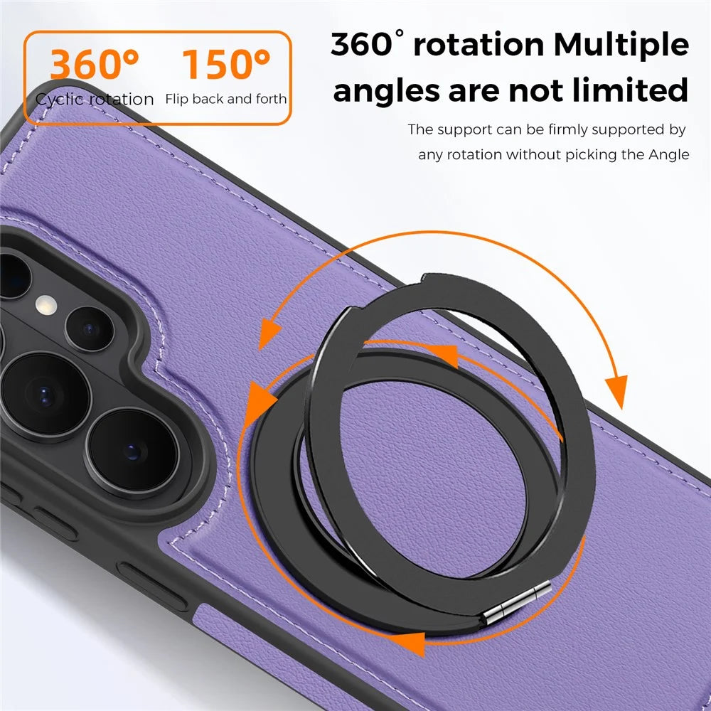 For Samsung Galaxy S26 Ultra Magnetic Case with Ring Kickstand PU Leather Back Cover - Light Purple - 5
