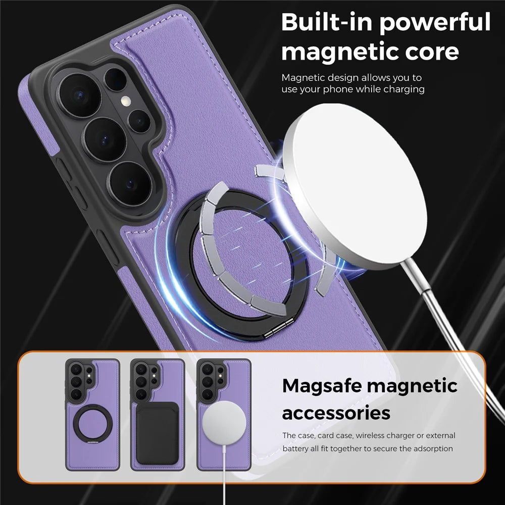 For Samsung Galaxy S26 Ultra Magnetic Case with Ring Kickstand PU Leather Back Cover - Light Purple - 6