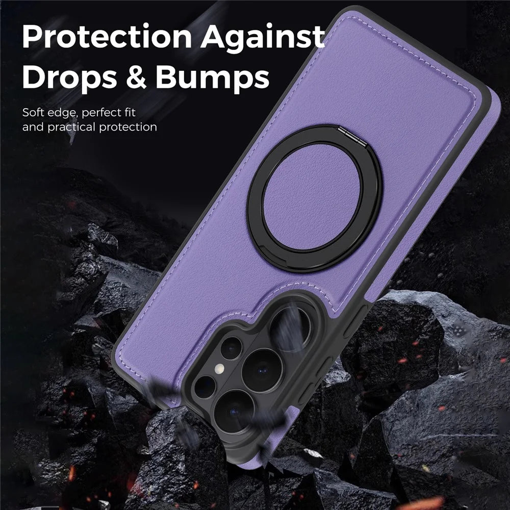 For Samsung Galaxy S26 Ultra Magnetic Case with Ring Kickstand PU Leather Back Cover - Light Purple - 7