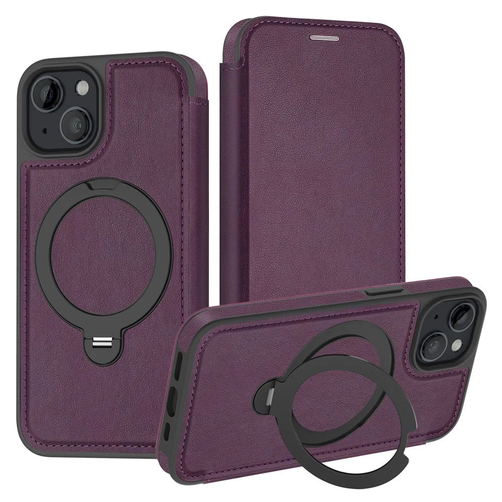 For iPhone 14 / 13 Case Compatible with MagSafe RFID Blocking Leather Wallet Cover with Rotating Ring Kickstand - Dark Purple - 1