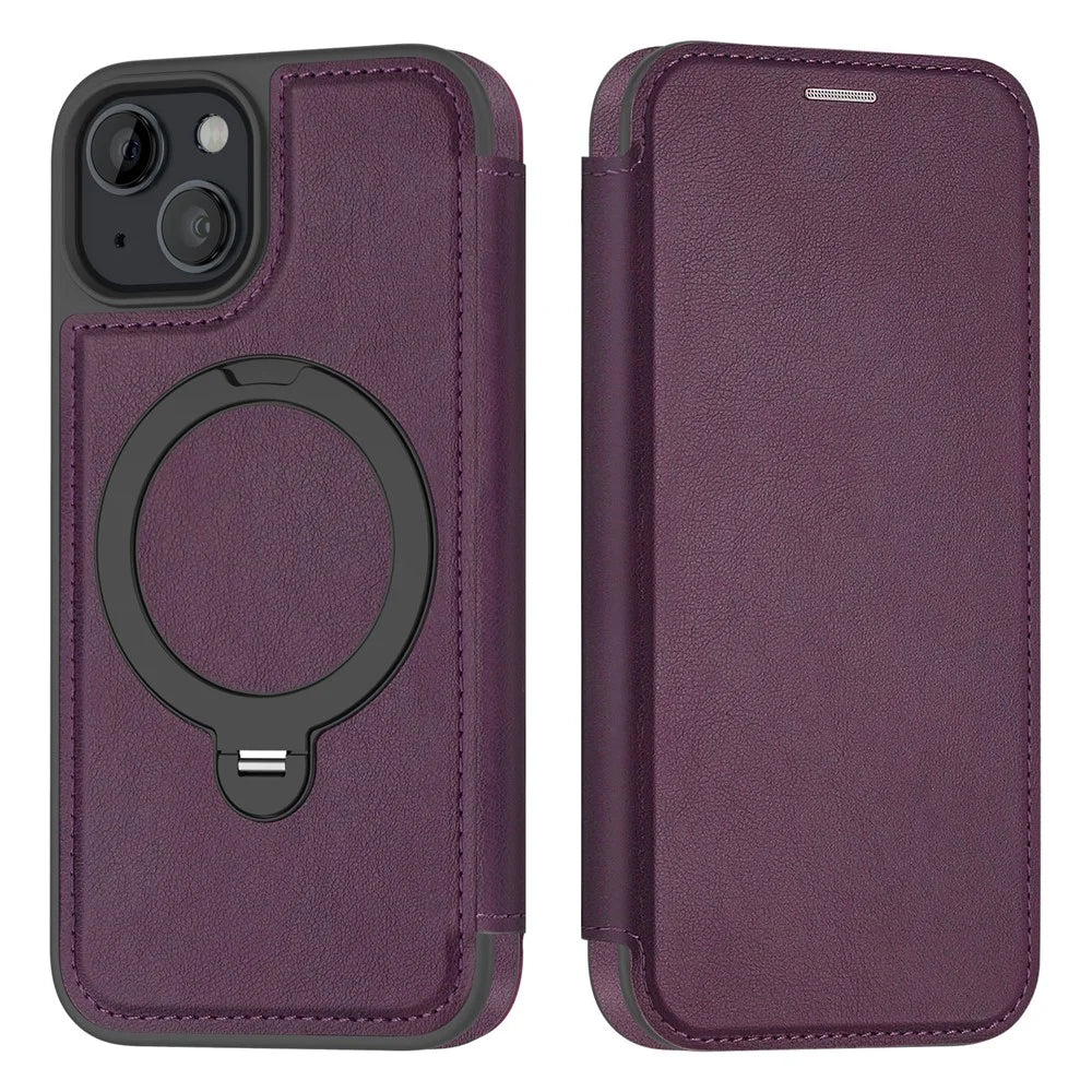 For iPhone 14 / 13 Case Compatible with MagSafe RFID Blocking Leather Wallet Cover with Rotating Ring Kickstand - Dark Purple - 2