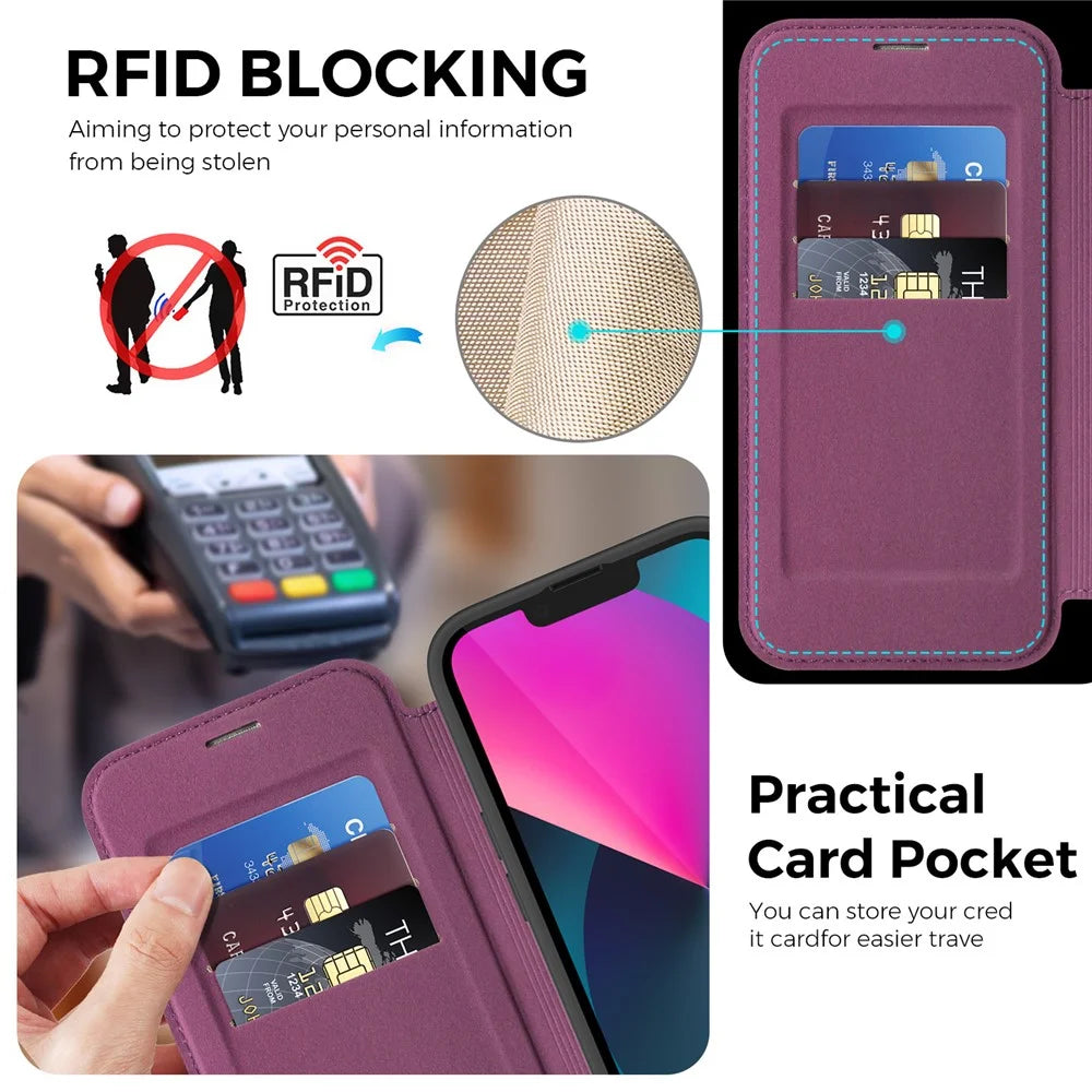 For iPhone 14 / 13 Case Compatible with MagSafe RFID Blocking Leather Wallet Cover with Rotating Ring Kickstand - Dark Purple - 3