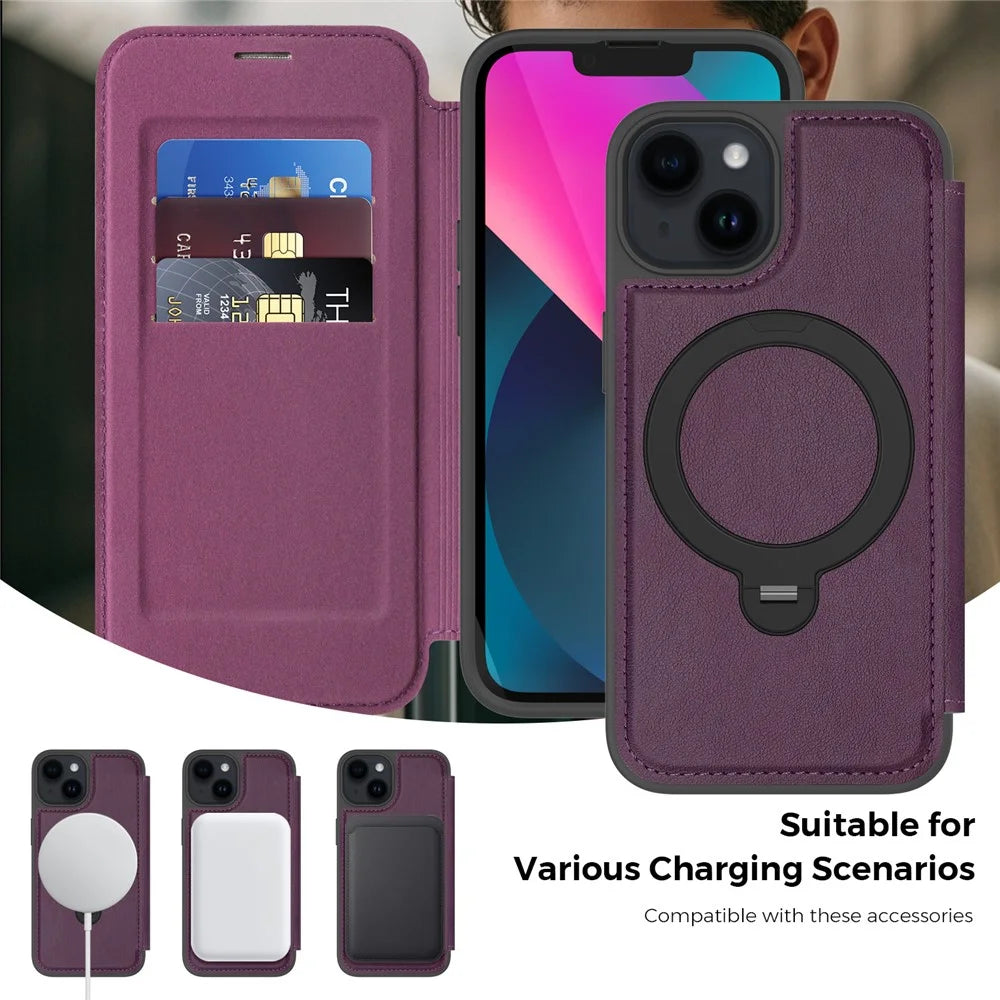 For iPhone 14 / 13 Case Compatible with MagSafe RFID Blocking Leather Wallet Cover with Rotating Ring Kickstand - Dark Purple - 4