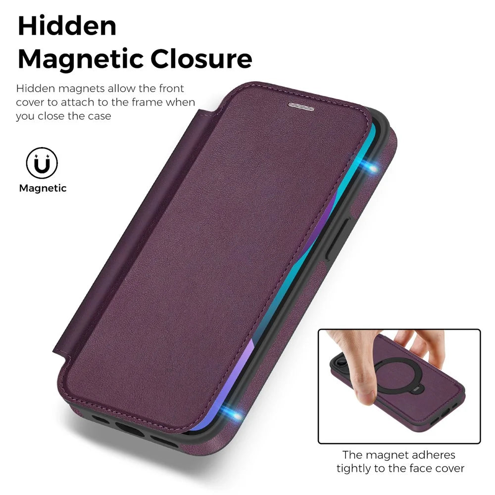 For iPhone 14 / 13 Case Compatible with MagSafe RFID Blocking Leather Wallet Cover with Rotating Ring Kickstand - Dark Purple - 5