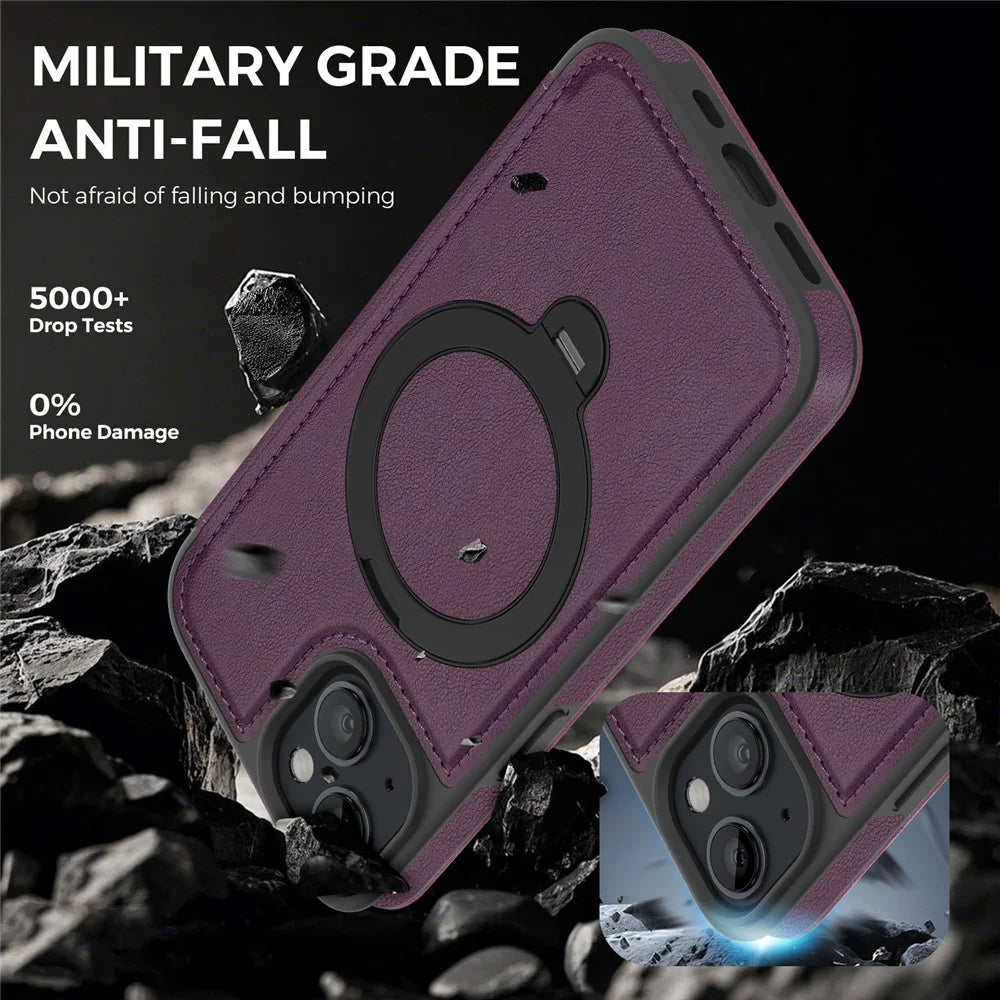 For iPhone 14 / 13 Case Compatible with MagSafe RFID Blocking Leather Wallet Cover with Rotating Ring Kickstand - Dark Purple - 6